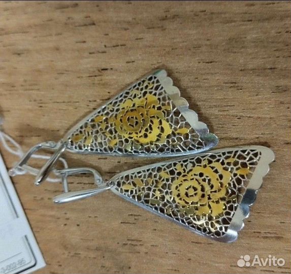 Серебряные ажурные крупные серьги/ золочение /розы