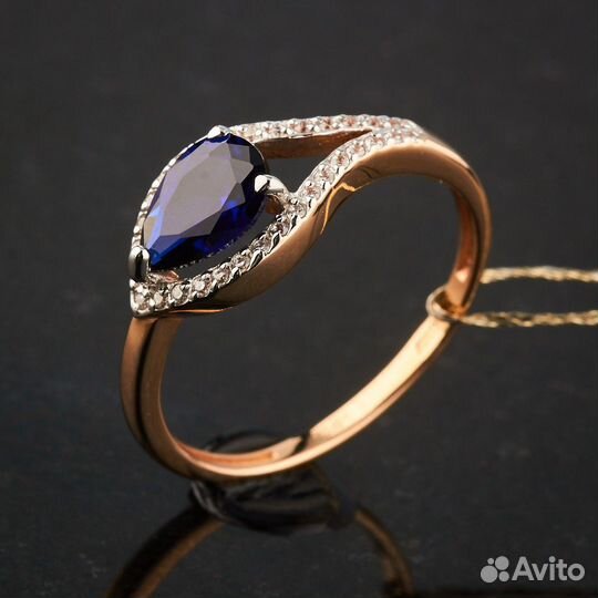 Кольцо 585 пробы с сапфиром и фианитами
