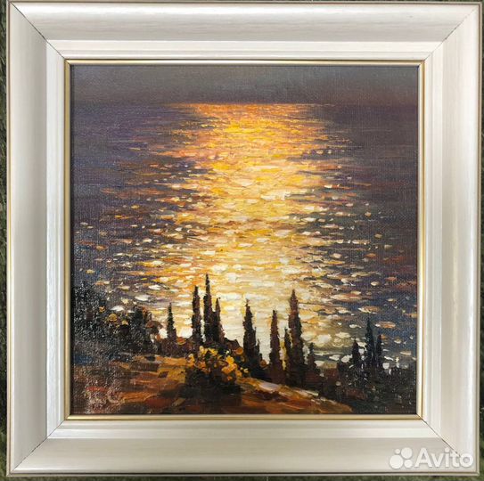 Картина маслом на холсте Море и кипарисы
