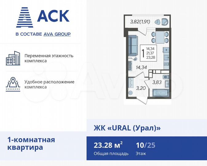 Квартира-студия, 23,3 м², 10/23 эт.