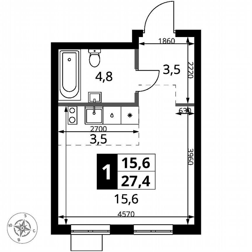 Квартира-студия, 27,4 м², 15/16 эт.