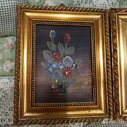 Старые картины Букет маслом на меди. Италия