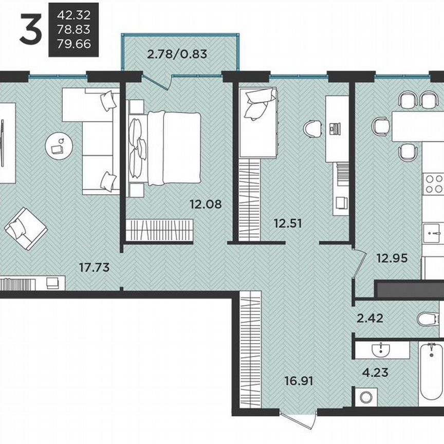 3-к. квартира, 79,6 м², 3/3 эт.