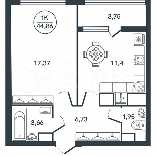 1-к. квартира, 44,9 м², 12/17 эт.