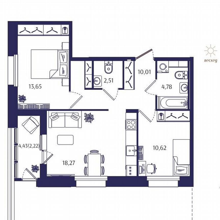 2-к. квартира, 68,7 м², 2/4 эт.