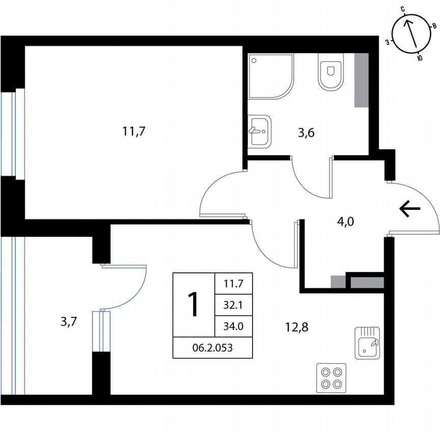 1-к. квартира, 34 м², 2/3 эт.