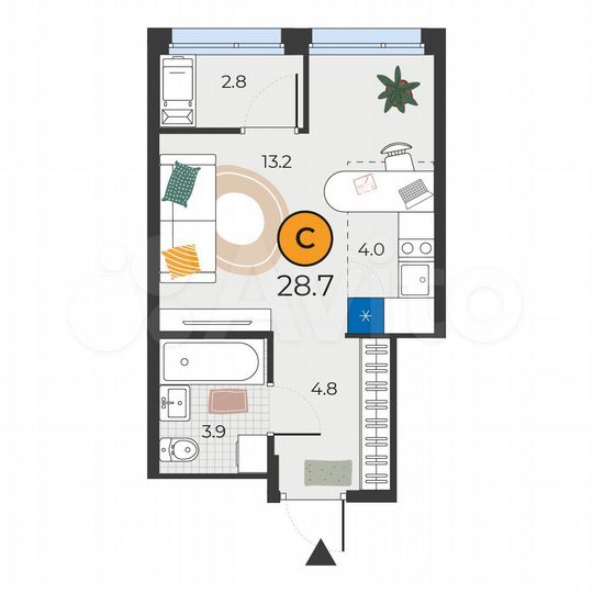 Квартира-студия, 28,7 м², 25/25 эт.