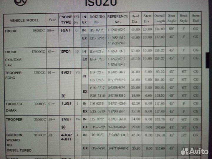 Клапана выпускные 6VD1 Opel Monterey