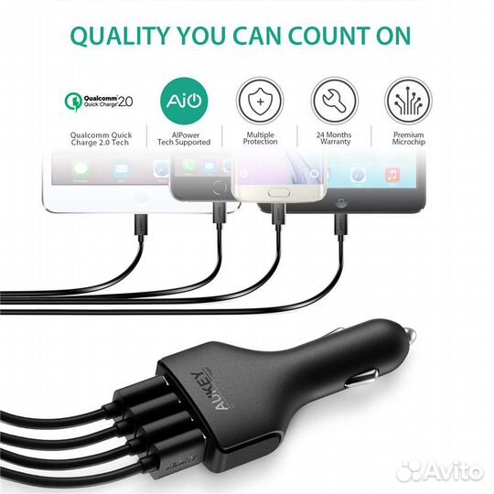 Авто зарядка Aukey 54W Quick Charge 2.0 - 4 USB