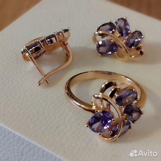 Золотые кольцо серьги с аметистом 585 RG