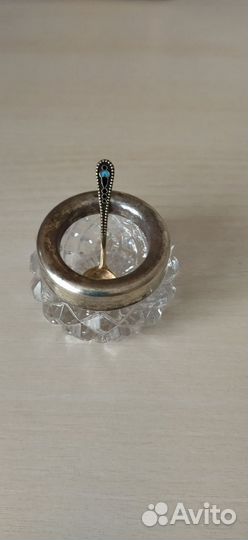 Хрустальная солонка серебро 875 с серебр. ложкой