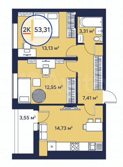 2-к. квартира, 53,5 м², 22/23 эт.