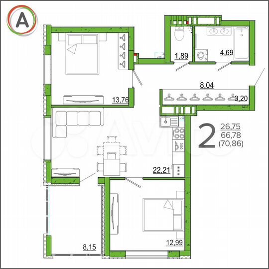 2-к. квартира, 70,9 м², 10/17 эт.