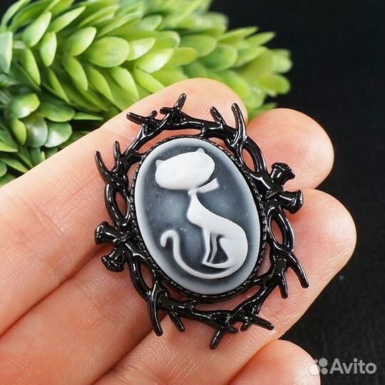 Брошь Камея Кошка Кот Кошечка Котик Черная Брошка
