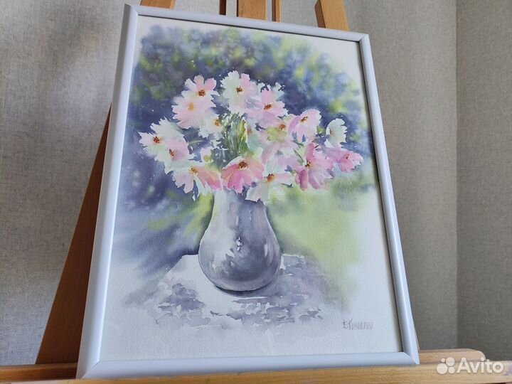 Картина акварелью цветы космеи 30 40