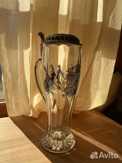 Стеклянная пивная кружка с крышкой +2 керамики