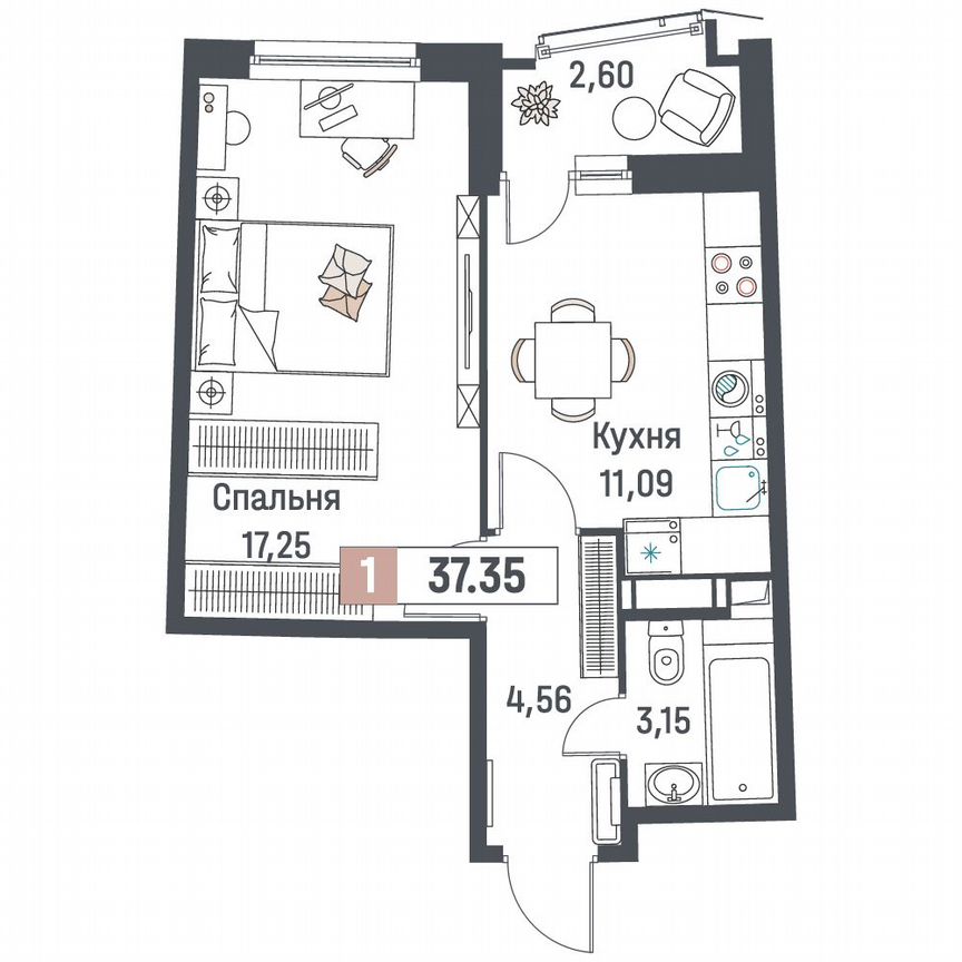 1-к. квартира, 37,4 м², 14/18 эт.