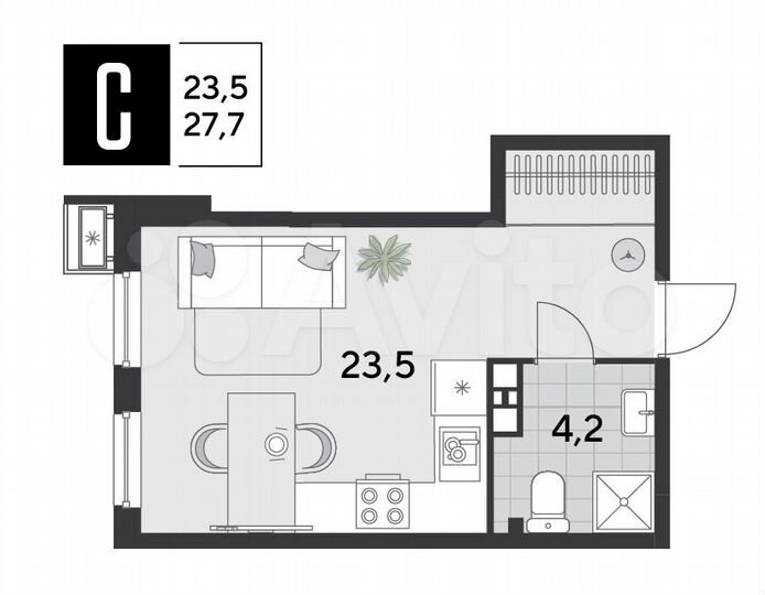 Квартира-студия, 27,7 м², 3/9 эт.