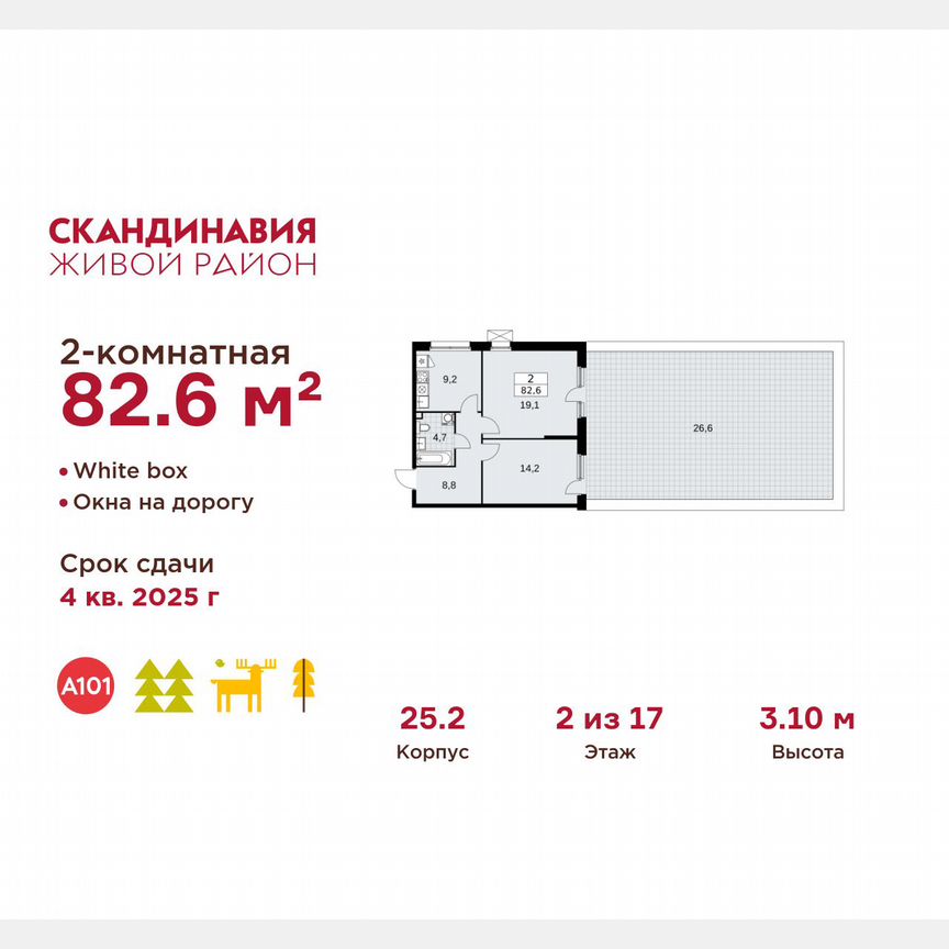 2-к. квартира, 82,6 м², 2/17 эт.