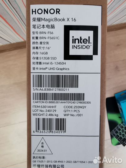 Honor MagicBook X16 i5-12450H 16/512гб Win 10