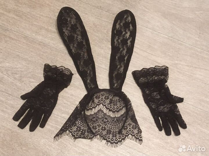 Уши кролика, перчатки кружевные, пеньюар