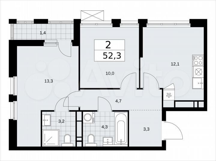 2-к. квартира, 52,3 м², 16/18 эт.