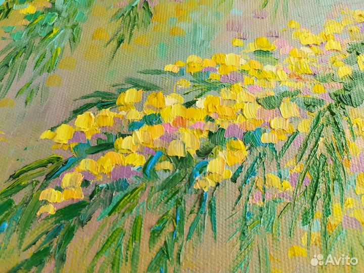 Картина маслом на холсте цветы весенняя мимоза