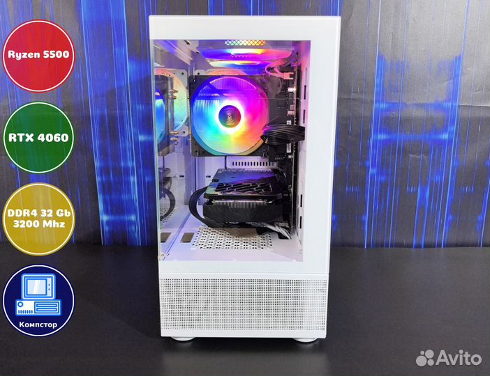 Мощный пк 2024 AMD5500-RTX4060-32DDR4-WNU76952-A520