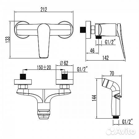 Смеситель Lemark Bronx LM3718GM настенный с гигиеническим душем, графит