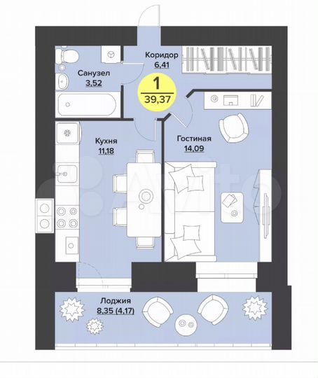 1-к. квартира, 39,6 м², 5/9 эт.