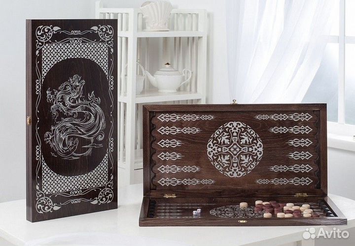 Нарды венге, рисунок серебро Водный дракон 60 см