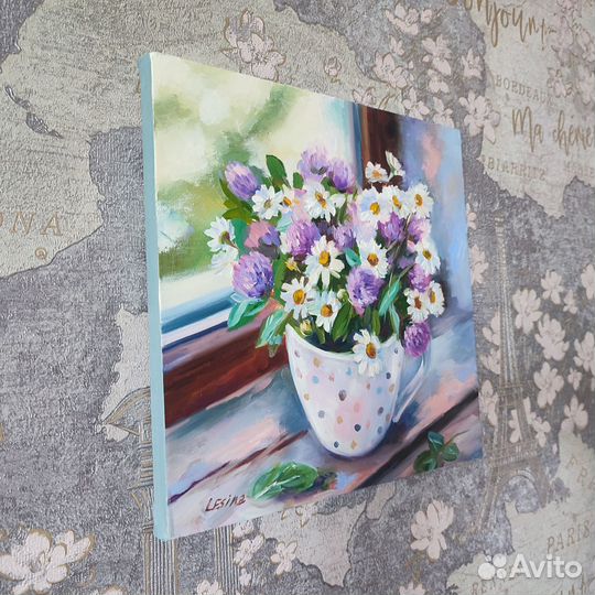 Картина маслом с букетом полевых цветов 30/30 см