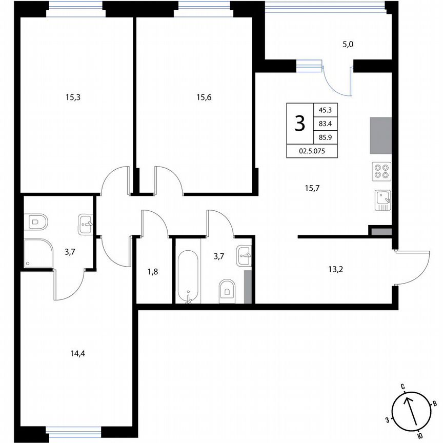 3-к. квартира, 85,9 м², 2/3 эт.