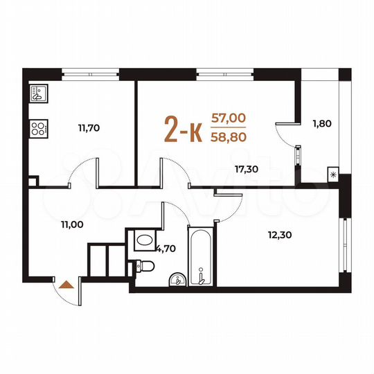 2-к. квартира, 58,8 м², 2/8 эт.