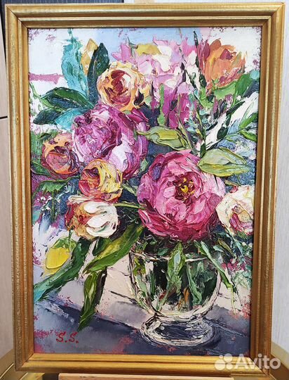 Картина маслом в рамке цветы пионы букет цветов