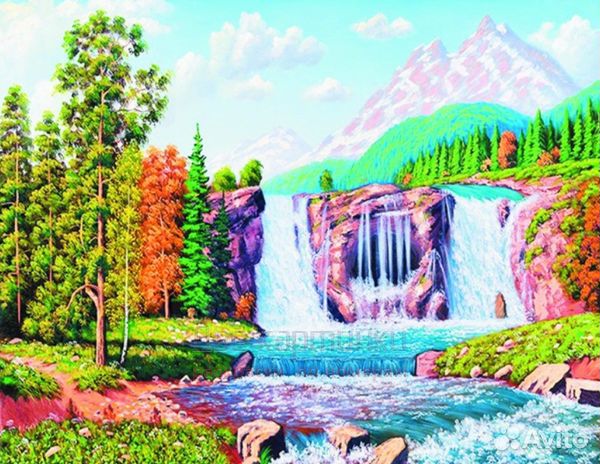 Алмазная мозаика 40x50 Водопады в солнечной долине