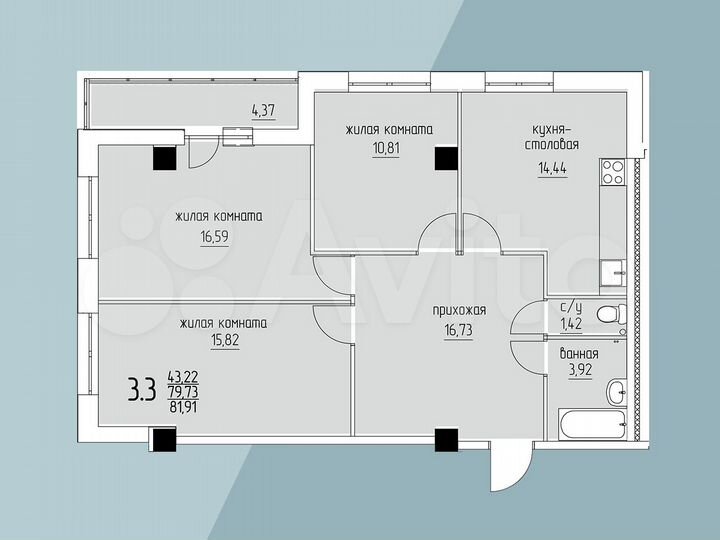 3-к. квартира, 81,2 м², 3/22 эт.