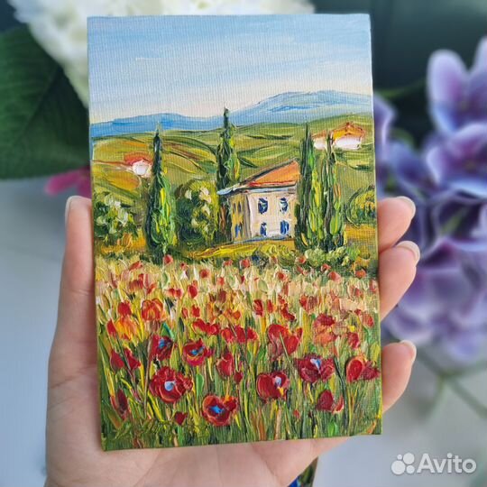 Картина с маками Прованс пейзаж маслом на холсте