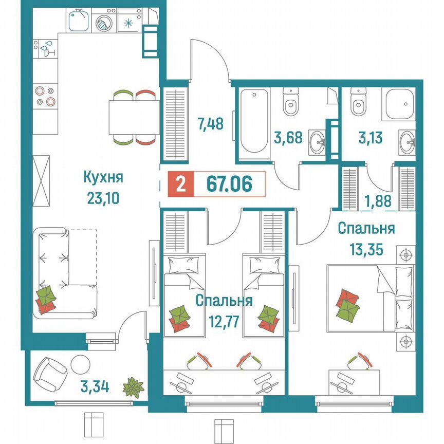 2-к. квартира, 67,1 м², 9/18 эт.