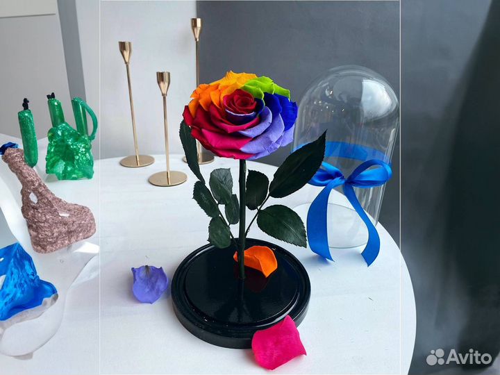 Роза в колбе Deluxe Радужная