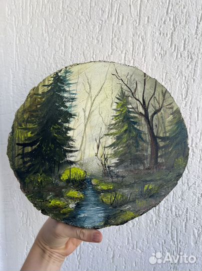 Картина маслом на спиле дерева « лесной ручей»