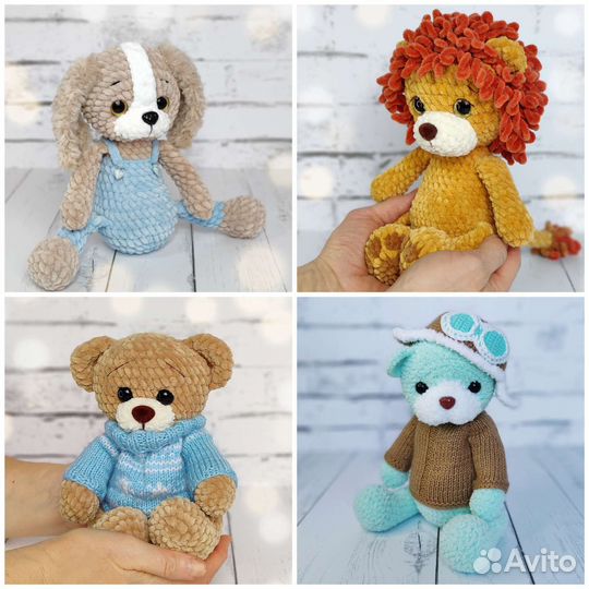 Вязаные игрушки, мишка, лев, собачка