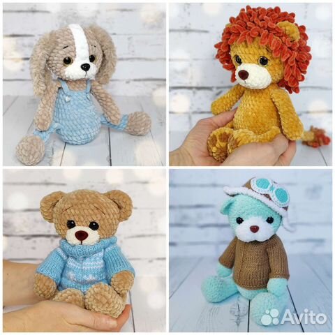 Вязаные игрушки, мишка, лев, собачка