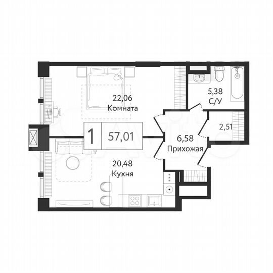 1-к. квартира, 57 м², 11/23 эт.