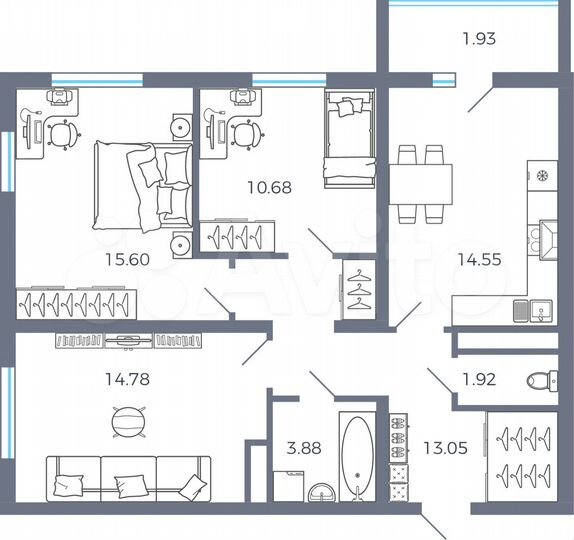 3-к. квартира, 76,4 м², 11/16 эт.