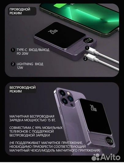 Повербанк с беспроводной зарядкой magSafe 10000мАч