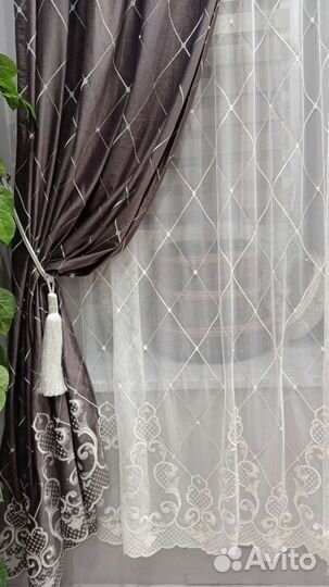 Бархатные шторы с жемчугом,ромб.тюль компаньон