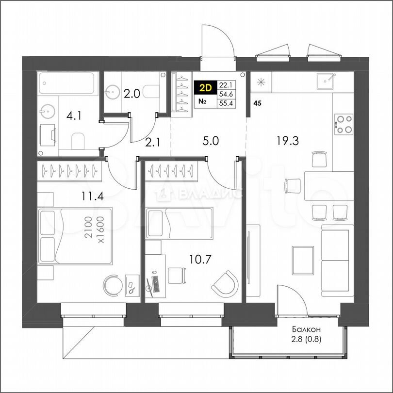 2-к. квартира, 55,4 м², 1/8 эт.