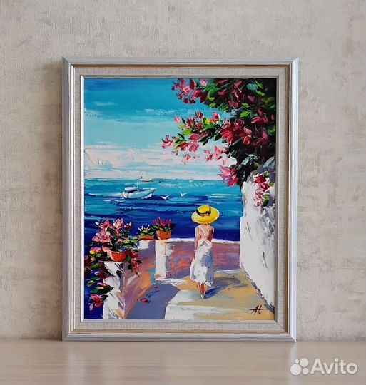 Картина холст масло море лето девушка 48*58