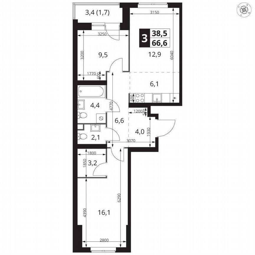 2-к. квартира, 66,6 м², 6/23 эт.